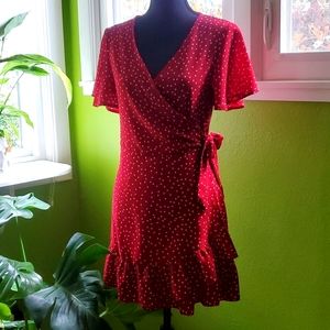 Red Polka Dot Wrap Midi Dress